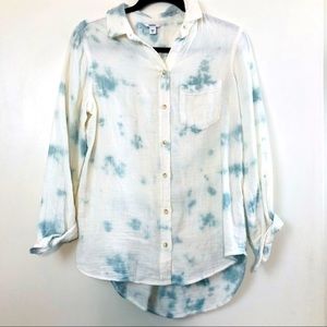 Sonoma White/Dark Teal Tie Dye Long Sleeve Button Down- Size Small